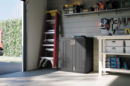 Suncast Base Storage Cabinet for Garage Organization - 9 Cu. Ft. Lockable 2-Shelf Organizer for Garden Supplies, Paint Cans & Outdoor Tools, Multi-Wall Resin Construction, Black