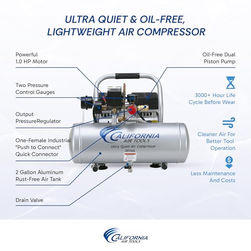 California Air Tools 2010A 1.0 HP Ultra Quiet and Oil-Free Air Compressor, 2 Gallon Aluminum Tank, 60 dBA Noise Level, Silver