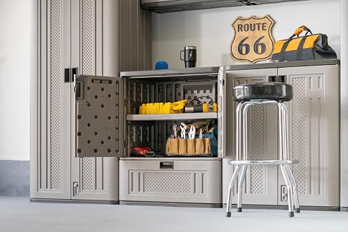 Suncast Base Storage Cabinet with Drawer for Garage Organization - Lockable Single-Drawer Organizer with Shelf for Garden Supplies, Paint Cans & Outdoor Tools, Multi-Wall Resin Construction, Platinum