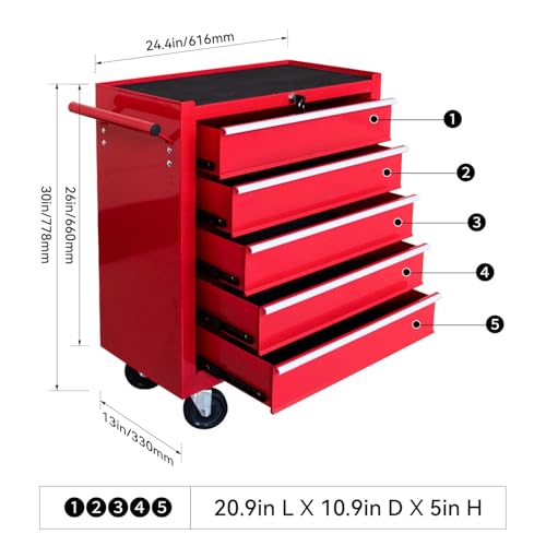 Torin 5 Drawer Tool Chest on Wheels, Rolling Garage Tool Storage Cabinet Workshop Organizer with Locking System for Garage, Warehouse, Workshop, Repair Shop