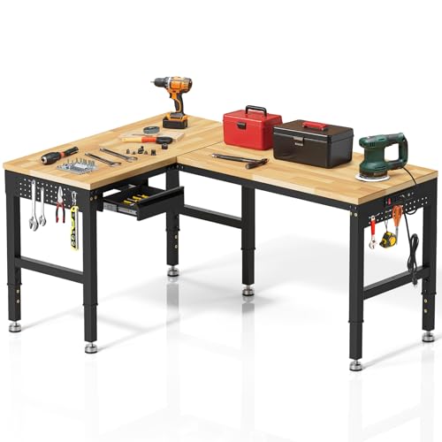 MUWOOD 96”L-Shaped Heavy Duty Work Bench, Heights Adjustable Workbench, 5000 LBS Load Capacity, Work Benches for Garage with Power Outlet & Pegboard, Rubber Wood Work Table for Office, Workshop, Home