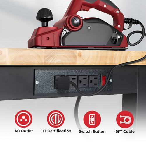 ENJOYWOOD Work Table for Garage 60 Inch Workbench with Storage Adjustable Height Rubber Wood Tabletop Work Bench with Power Outlets Pegboard Pad for Cutting Wood Shop Woodworking Home Office