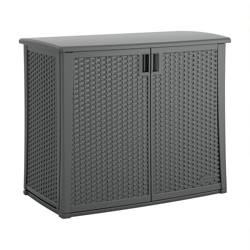 Suncast Resin Outdoor Storage Cabinet, Cool Gray Wicker Resin Outdoor Cabinet, Weatherproof, Lockable Outside Storage for Patio, Deck, Balcony, Porch, Backyard, or Garden, Made in The USA
