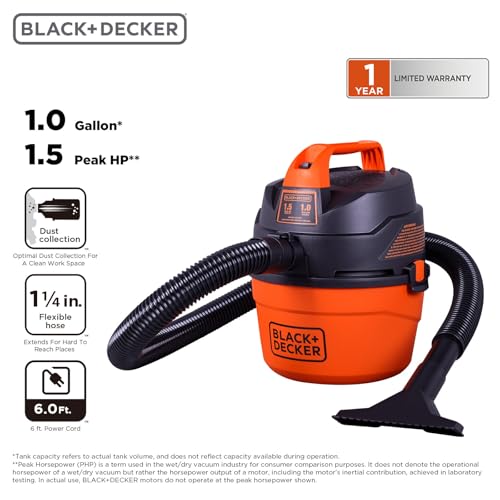 BLACK+DECKER Shop Vacuum Wet and Dry, Small Shop Vac with Accessories, 1 Gallon 1.5 Peak HP, Wall Mount Mini Vacuum for Garage, Home and Pet, 60CFM (BDXV18101P-1H)