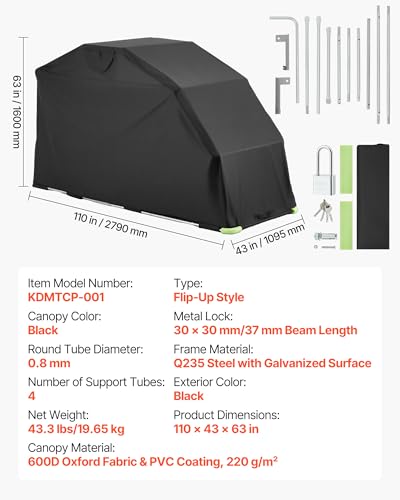 VEVOR Motorcycle Storage Shelter 110 x 43 x 63 in with Security Lock, 600D Oxford Flip-Up Garage Tent, Heavy-Duty All-Weather Motorcycle Cover Shed with 2 Side Windows, Outdoor Vehicle Shelter, Black