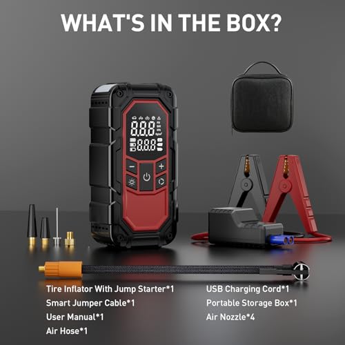 Jump Starter with Air Compressor,Car Battery Jump Starter (9.0 Gasoline/6.5L Diesel) with 150PSI Digital tire inflator Portable,12V Power Pack Car Jump Box Charger with LCD Display, Lights