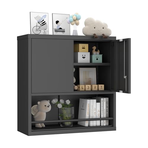 GREATMEET Locking Wall Mounted Garage Cabinet, Black Metal Steel Hanging Storage Cabinets, Lockable Tool Cabinet for Garage Shop, Floating Wall Mount Cabinet