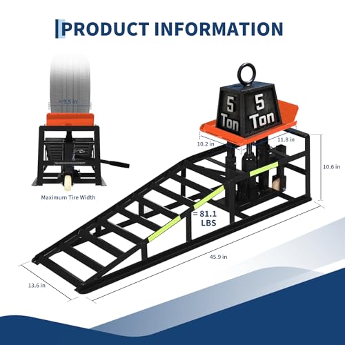 Heavy Duty Hydraulic Car Ramps 2 Pack, 5 Ton Capacity 9-15 Inch Lift for Cars SUVs Trucks with Rolling Wheels & Reflective Strips for Oil Changes Tire Rotations