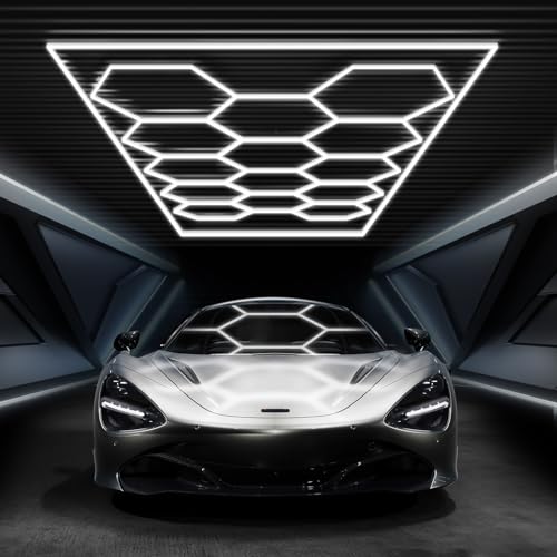 FERUERW Hexagon Garage Lights with Rectangle Frame, High Brightness 672W 86400LM 6500K, 14 Hex Grid for Garage, Shop, Basement, Car Detailing Shop etc. with Mounting Clip