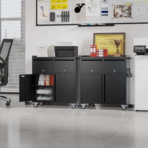Aobabo Rolling Metal Storage Cabinet with Wheels, Heavy Duty Steel Garage Tool Cabinet with 2 Drawers, Pegboard & 4 Hooks, Lockable Mobile Organizer with Adjustable Shelves, Black, Assembly Required