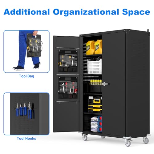 Yeeoy Wide & Deep Metal Garage Storage Cabinet with Pegboard & Adjustable Shelves, Lockable Storage Cabinet with Wheels, Tool Organization Cabinets for Office Garage Shop, 43''W x 22''D x 72''H