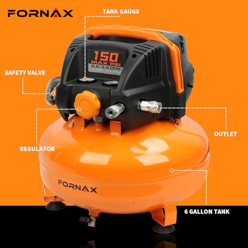 FORNAX Pancake Air Compressor with two couplers, 6 Gallon Portable Electric air compressor, 150 PSI, Oil -Free Air Compressor