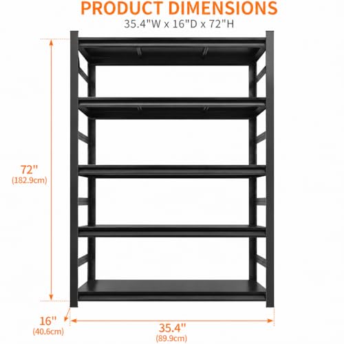 Metal Garage Shelving Unit, Heavy Duty 5-Tier Adjustable Storage shelves, Steel Shelving, 3000 lbs Capacity, Industrial Shelves for Heavy Tools and Equipment, Ideal for Garage, Basement, Black, 72"