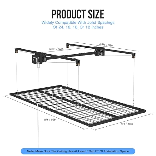 Garvee Overhead Garage Storage Rack Lift, 4x8 ft Ceiling Mounted Storage Racks, 12FT Max Adjustable Height, 800lbs Weight Capacity, Heavy-Duty Metal Ceiling Rack for Organization