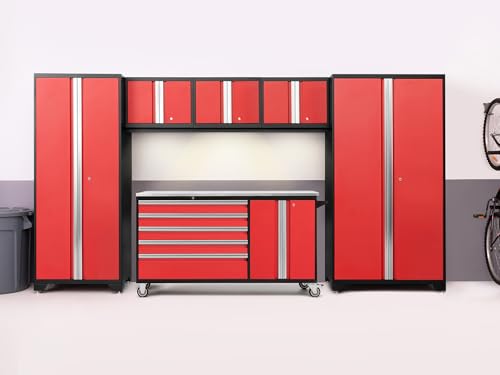 ‎‎‎‎‎NewAge Products Garage Cabinets Bold Series 6 PC Set Red (1x 62 Stainless Steel Worktop, 1x 62 Project Center, 3X 24 Wall Cabinets, 1x 30 Multi-Use Locker, 1x 42 Extra-Wide Locker) 56262