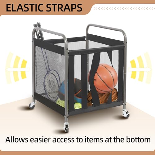 STORAGE MANIAC Ball Storage Bin Rolling Sports Ball Cart, Metal Garage Organizer Sport Rack Basketball Storage Cage for Garage or Gym, Indoor & Outdoor Sports Equipment Organizer 1 Pack