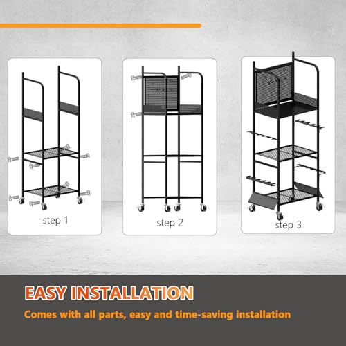 Lezbanz Heavy Duty Fishing Rod Rack with Pegboard & Hooks, Fishing Organizer for Garage Holds Up to 10 Rods, 3-Tier Fishing Gear Holder for Garage with Movable Wheels