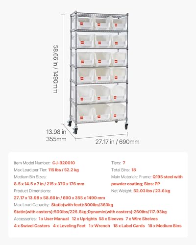 VEVOR 7-Tier Rolling Bin Storage Rack, 18 Organizer Bins, Bin Rack Storage Steel Wire Shelving System with Wheels, Mobile Tool Organizer for Garage, Warehouse, Office, Restaurant, Classroom, Kitchen