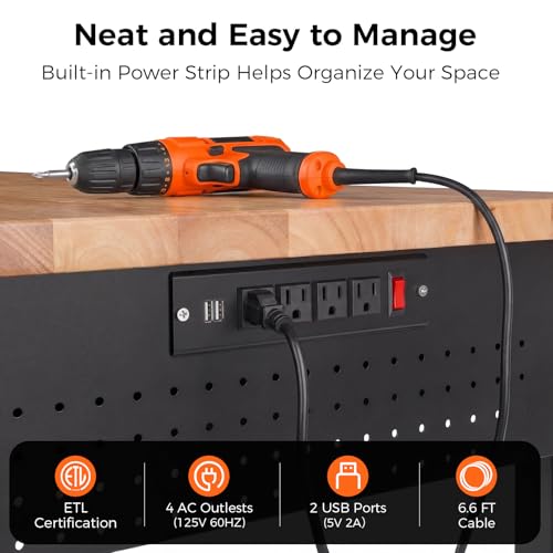 60" Adjustable Work Bench with Drawers, Workbench for Garage with Strip Light, Work Table with Large Pegboard, 2000 LBS Heavy Duty Table with Power Outlet Rubber Wood for Office, Workshop