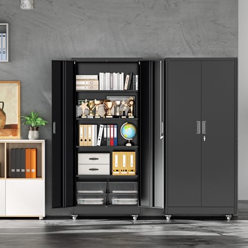 INTERGREAT Metal Storage Cabinet with Wheels, 73" Garage Storage Cabinets with Door and 4 Shelves, Tool Storage Locker on Caster for Home, Office, Black