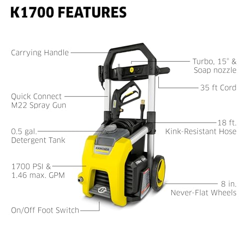 Kärcher Pressure Washer K1700, CETA Certified, 3 Spray Nozzles, Detergent Tank, for Cars, Driveways, Siding, Patios, 1.2 max. GPM
