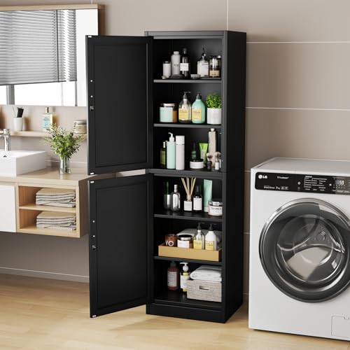 pozdeg 67" Metal Storage Cabinet with Lock, Tall Narrow Office File Cabinets with 2 Doors & 4 Adjustable Shelves, Metal Steel Locker for Home, School, Office, Garage or Gym (Black)