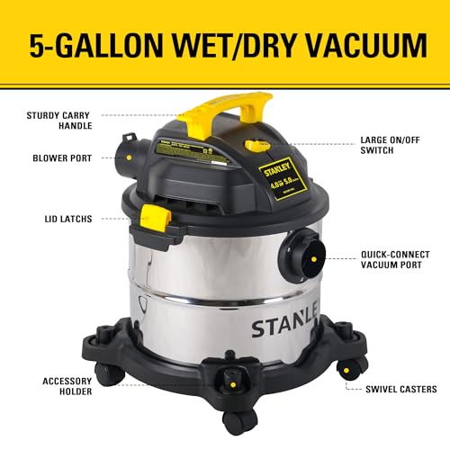 STANLEY Wet/Dry Vacuum SL18115, Stainless Steel Tank, 5 Gallon 4HP Shop Vacuum, Portable Style Ideal for Home/Shop/Jobsite Dust Collection Job with Vacuum Attachments, Silver+Yellow