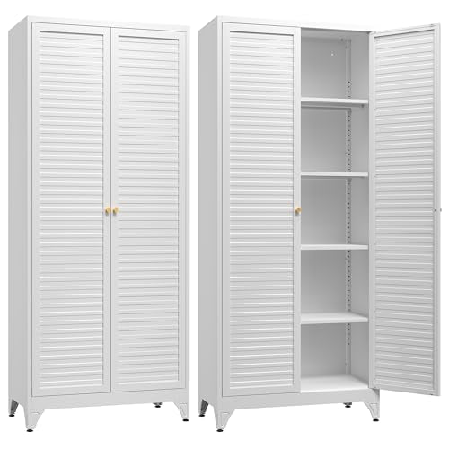 SteeLoong Kitchen Pantry Cabinet,75" Metal Storage Cabinet with Doors and 4 Adjustable Shelves,White Tall Locker Organizer Steel Garage Cabinets for Tool,File Cabinet for Office,Kitchen,Garage,School