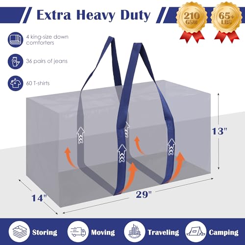 RMOHRO 6 Pack Moving Bags Heavy Duty 210GSM with Full-Open Side Zipper, 93L 220lbs Waterproof Foldable Storage Totes for College Dorm Move-In, Moving Boxes Alternative & Home Organization, Blue