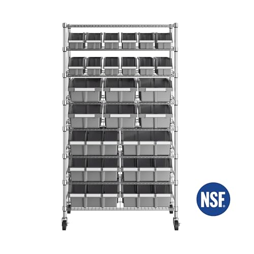 Seville Classics Heavy Duty NSF Bin Rack Solid Steel Wire Shelving Storage Unit, Patented Organizer for Garage, Warehouse, Office, Restaurant, Classroom, Kitchen, Gray, 8-Tier Includes 24 Bins