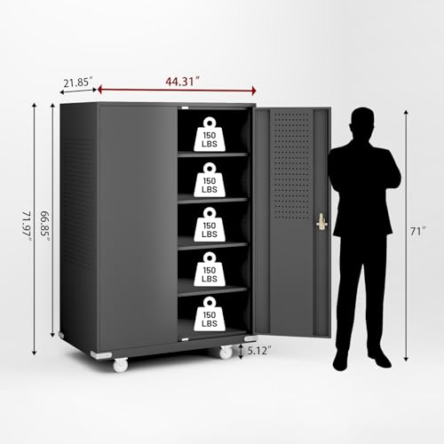 DIYTUNINGS 72" H Wide & Deep Garage Storage Cabinet 750 LBS Capacity Metal Rolling Tool Cabinet with Wheels, Pegboards, Locking Doors and Adjustable Shelves, 43''W x 22''D x 72''H