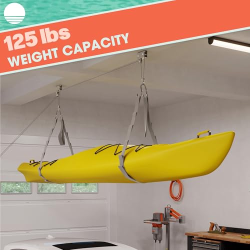 RAD Sportz Kayak Storage Hoist - Overhead Pulley System with 125lb Capacity for Canoes, Bikes, Ladders, and More for Ceilings up to 12ft (Gray)