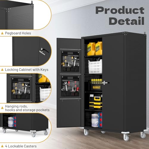 biosp 72" H Wide & Deep Garage Storage Cabinet with Wheels & Pegboards, Metal Storage Cabinet with Locking Door & Adjustable Shelves, Rolling Tool Cabinet for Garage, Shop, Office, 72"x43"x22"