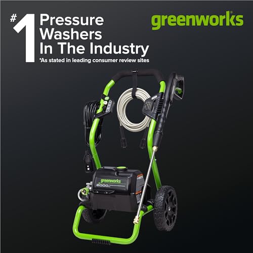 Greenworks 2000 PSI (1.1 GPM Max) Electric Power Washer (25°, 40°, Soap Nozzle) For Use On Decks, Fences, Concrete Patios, Sidewalks & More. Medium-Duty