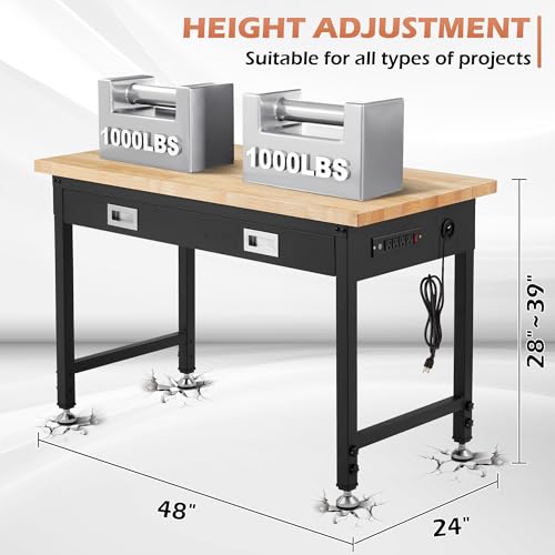 48” Adjustable Workbench with Drawer Storage, 2000 LBS Load Capacity Heavy Duty Workstation with Power Outlets, Rubber Wood Top Worktable for Garage, Office,Workshop, Commercial