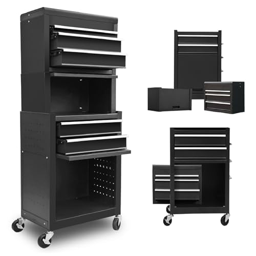 Torin ATB225XBB Rolling Tool Chest for Home & Garage Workshop: 3-in-1 Tool Box Organizer with Lockable Wheels, Sliding Drawers and Detachable Top, Black
