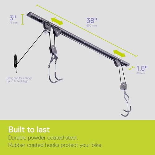Bike Hoist Pro Ceiling Bike Rack by Delta Cycle (2-Pack) - Pre-Assembled Bike Hangers for Garage Holds Up to 100 lbs - Auto-Locking - Fully Adjustable for Any Bicycle, Kayak Hoist, Or Canoe Hoist