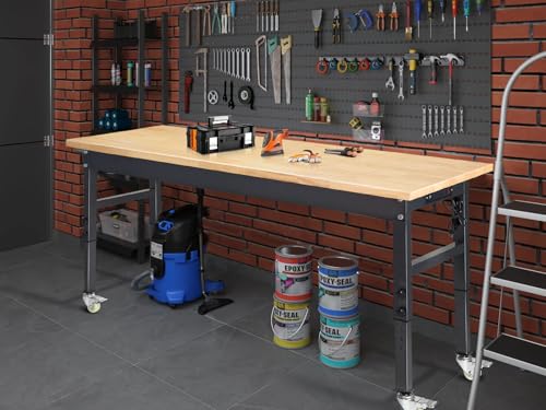 60" Adjustable Work Bench, Rubber Wood Top Workbench Heavy-Duty Work Table with Power Outlet and Wheels, 2000 LBS Load Capacity Hardwood Work Benches for Garage, Workshop, Home, Office, Easy Assembly
