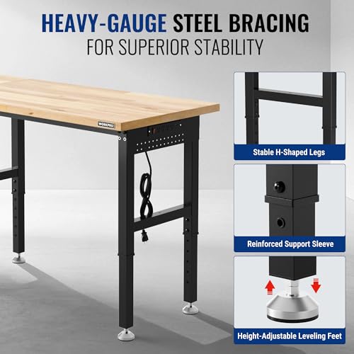 WORKPRO 96x24" Heavy-Duty Adjustable Workbench, 4000LBS Load Capacity Work Table with Power Outlet & Pegboard, Rubber Wood Top Workstation with Leveling Foot for Garage, Workshop