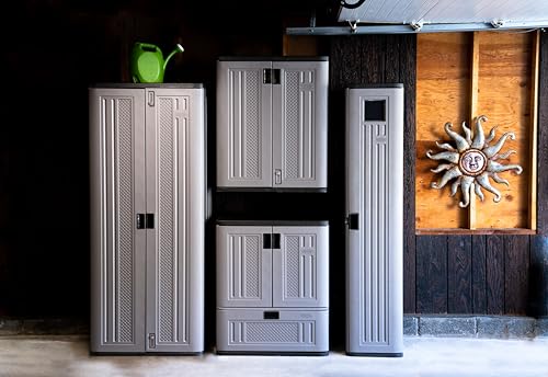Suncast Tall Storage Locker for Garage Organization - 72" Lockable Organizer with Shelving for Garden Supplies, Paint Cans & Outdoor Tools, Multi-Wall Resin Construction, Platinum