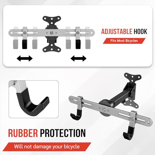 BEISHI Heavy-Duty Bike Wall Mount for Garage Aluminum Alloy & Steel Folding Bicycle Rack,360° Rotation,Adjustable Hook, 66lbs Capacity Horizontal Indoor Bike Storage, for Road Mountain Hybrid Bikes