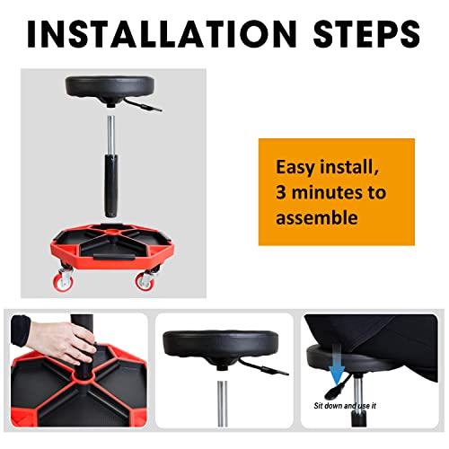 Torin ATRXF8308B Pneumatic Mechanic Stool/Rolling Shop Creeper Seat with Adjustable Height and 4 Removable Tool Trays, 300 lb Capacity, Black/Red