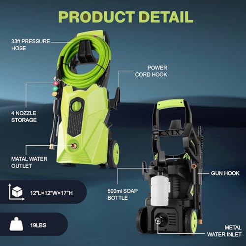 Pressure Cleaner 5000PSI High Power Cleaners with 33ft Pressure Hose, 4 Nozzles and Foam Cannon, for Home, Cars, Fences, Patio (Light Green)