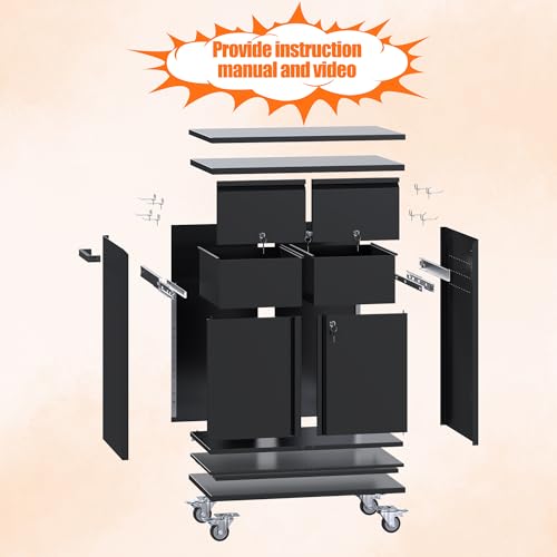 Aobabo Rolling Metal Storage Cabinet with Wheels, Heavy Duty Steel Garage Tool Cabinet with 2 Drawers, Pegboard & 4 Hooks, Lockable Mobile Organizer with Adjustable Shelves, Black, Assembly Required