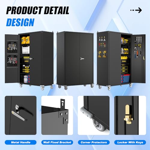 Yeeoy Wide & Deep Metal Garage Storage Cabinet with Pegboard & Adjustable Shelves, Lockable Storage Cabinet with Wheels, Tool Organization Cabinets for Office Garage Shop, 43''W x 22''D x 72''H