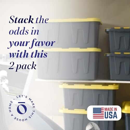 HOMZ 2-Pack Durabilt, Heavy Duty Plastic Storage Bins with Lids, 15 Gallon, Black/Yellow - Stackable Container Boxes for Home, Attic, and Garage Organization