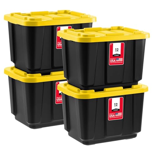 IRIS USA 4-Pack 12 Gallon Storage Bins with Lids |Made in USA| Heavy Duty Plastic Tote Containers for Truckbed Tool Box Organization, Large - Black/Yellow