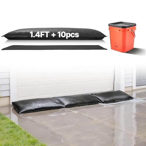 VEVOR Flood Barrier, 10 Pack, 1.4 x 2.7 ft Flood Bags with Bucket, Water Absorbent Barrier Activated by Water, Sandless Sandbags Blockage, Flooding Prevention Bags for Door, Basement, Garage