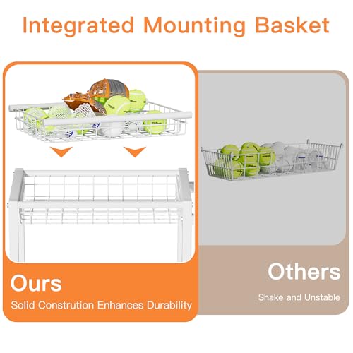FAMIDGE Sports Equipment Organizer, Ball Storage Rack with Elastic Straps, Garage Sports Organizer Storage Cart with Hooks, Basketball Rack for for golf, Football, Soccer Ball, Bat, White