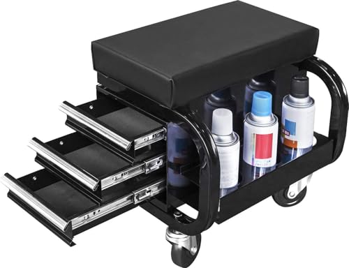 Big RED Rolling Creeper Garage/Shop Seat with Three Built-in Drawers, Rolling Tool Chest,Black,APD2016AR